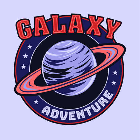 Creative badge with Saturn vector illustration. Colorful round emblem with big planet. Universe and galaxy adventure concept can be used for retro templateのイラスト素材
