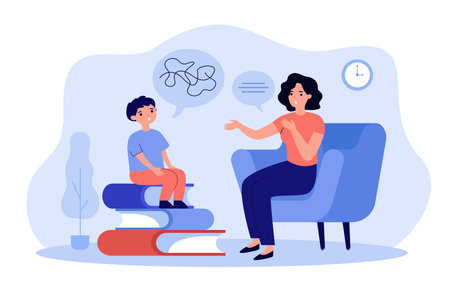 Child training basic language skills with speech therapist isolated flat vector illustration. Cartoon little boy improving his language. Articulation problem and speech therapy conceptのイラスト素材