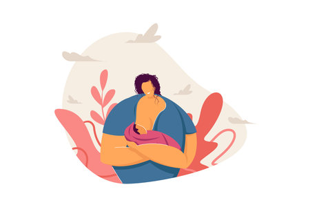 Happy mom breastfeeding baby. New mother offering breast to newborn infant. Vector illustration for motherhood, healthy nutrition, child birth conceptのイラスト素材