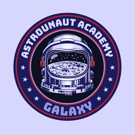 Colored badge with spaceman helmet reflecting planet surface vector illustration. Vintage round emblem for astronaut academy. Universe and adventure concept can be used for retro templateのイラスト素材