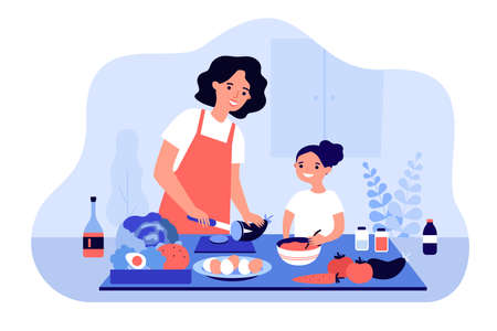 Happy mom and daughter cooking vegetables together isolated flat vector illustration. Cartoon mother and kid making dinner in aprons. Healthy food and motherhood conceptのイラスト素材
