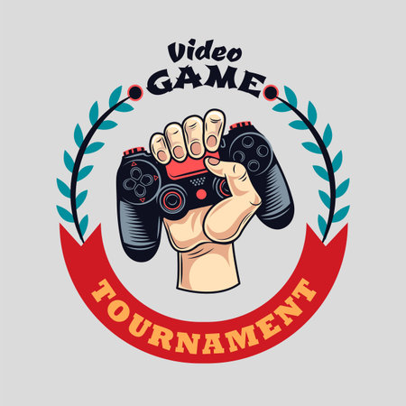 Colorful badge with grasping gamepad vector illustration. Vintage label with joystick in human hand....