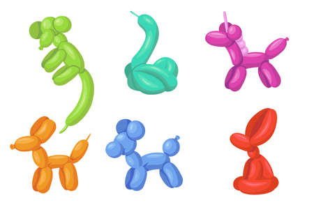 Creative colorful helium balloon animals flat illustration set. Cartoon cute latex dog, monkey, snake, horse isolated vector illustration collection. Holiday celebration and party conceptのイラスト素材
