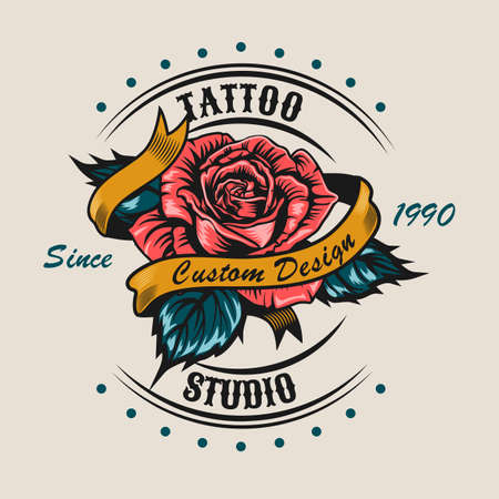Creative sticker with pretty rose for tattoo. Colorful design element with red flower surrounded ribbon. Tattoo studio and custom design concept for tattoo, stamp, print templateのイラスト素材