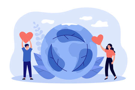 Volunteers with red hearts saving nature and planet. Zero waste, recycling, pollution reduction vector illustration. Green lifestyle, eco friendly world conceptのイラスト素材
