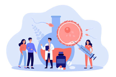 Happy couple consulting fertility doctor, taking medical treatment. Fertilization in clinic vector illustration. Pregnancy, infertility conceptのイラスト素材