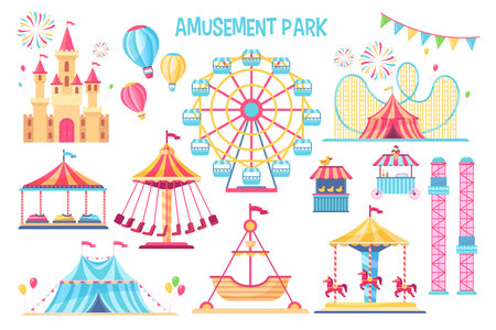 Colorful amusement park flat elements set. Cartoon carnival, circus and funfair carousels isolated on white background vector illustration collection. Fantasy playground entertainment conceptのイラスト素材
