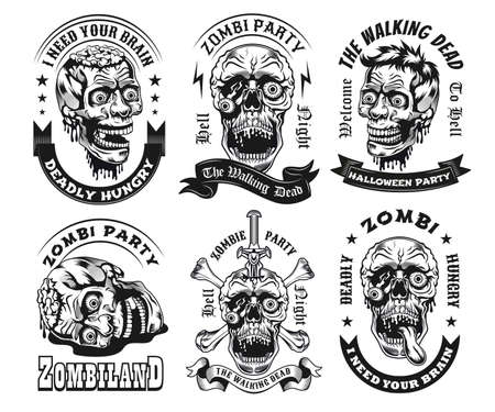 Black label designs with zombie head vector illustration set. Vintage badges with walking dead. Horror and fantastic creatures concept can be used for retro template, banner or posterのイラスト素材