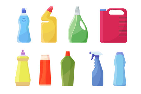 Bleach containers set. Colorful plastic bottles, can, spray for detergent, liquid soap, chemical disinfectant. Vector illustrations for laundry, toilet cleaning, hygiene, household conceptのイラスト素材