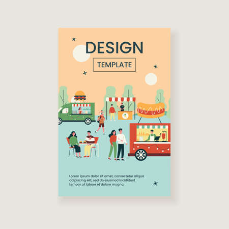Different people relaxing on street food festival isolated flat vector illustration. Cartoon crowd walking on fair and eating in park. Summer event and vacation conceptのイラスト素材