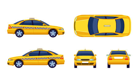 Different views of taxi yellow car flat collection for web design. Cartoon cab view from side, front, back and top isolated vector illustrations. Transportation and travel conceptのイラスト素材