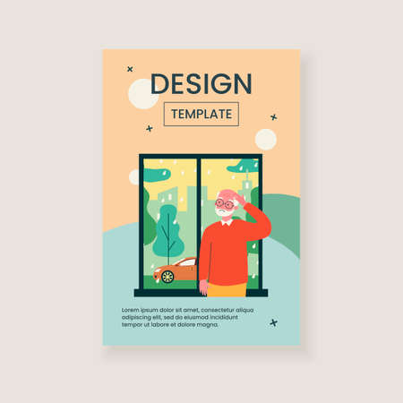 Upset senior man standing near window and looking at rain. Car, street, autumn flat vector illustration. Weather and season concept for banner, website design or landing web pageのイラスト素材