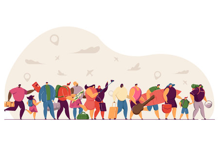 Tourist group in airport queue with baggage flat vector illustration. Cartoon happy travelers...