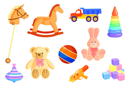 Colorful baby toys set. Cartoon kid rocking horse, truck, ball, soft bear, rabbit, water gun, cubes, pyramid, peg top designs collection. Flat vector illustration. Cute children toys conceptのイラスト素材