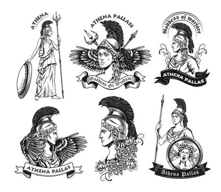 Monochrome emblems with Athena vector illustration set. Vintage logotypes with goddess of wisdom in armor. Mythology and ancient Greece concept can be used for stickers and badgesのイラスト素材