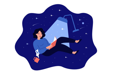Happy cartoon woman reading and fantasizing at night. Flat vector illustration. Girl character flying in magic space with illuminating lamp, book, cup of tea. Reading, literature, imagination conceptのイラスト素材