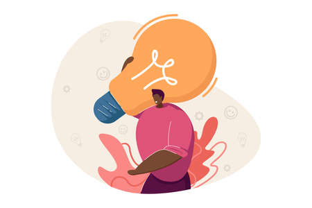 Happy man holding lightbulb. Creative young person with innovative ideas flat vector illustration. Brainstorming, innovation, creative thingking concept for banner, website design or landing web pageのイラスト素材