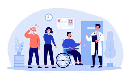 Patients standing in queue in hospital hall. Doctor, clinic, visit flat vector illustration. Medicine and treatment concept for banner, website design or landing web pageのイラスト素材