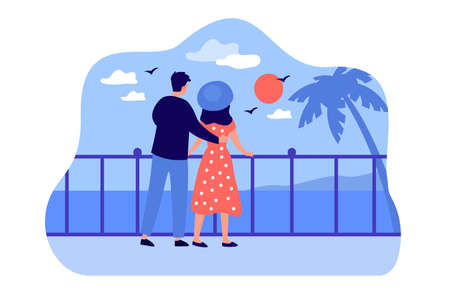 Illustration pour Cartoon tourist couple hugging and enjoying seascape at sunset. Flat vector illustration. Man and woman standing on seafront and admiring view. Tourism, romantic vacation, seaside resort concept - image libre de droit