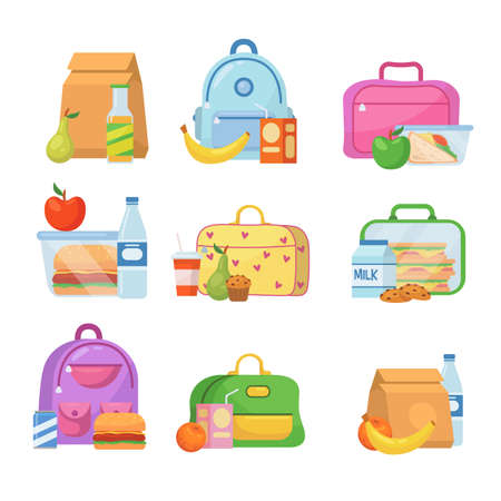 School lunch boxes for children vector illustrations set. Collection of lunchboxes with healthy food in backpacks for kids on white background. Lunch time in school, food boxes, picnic conceptのイラスト素材