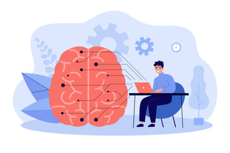 Programmer with computer learning AI. Data, brain with digital circuit flat vector illustration....