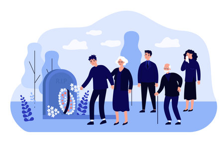 Cartoon mourning people at graveyard flat vector illustration. Men and women standing near tomb with gravestone, flowers and wreath. Grieving and crying family at funeral. Death, grief conceptのイラスト素材