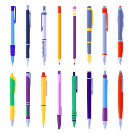 Types of pens and pencils vector illustrations set. Cartoon collection of school writing tools, ink pens, mechanical pencils on white background. School, writing materials, stationery conceptのイラスト素材