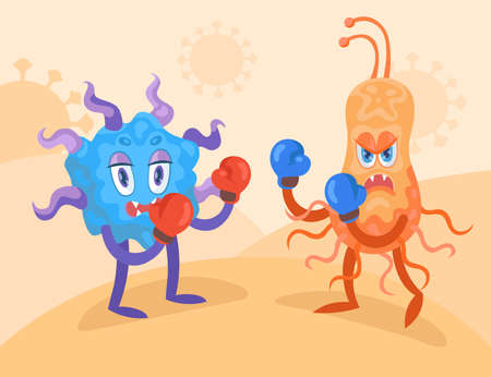 Cartoon useful bacteria fighting harmful virus. Flat vector illustration. Funny infection bacteria, tiny microbes fighting battle in boxing gloves. Coronavirus, health, bacteria, disease conceptのイラスト素材