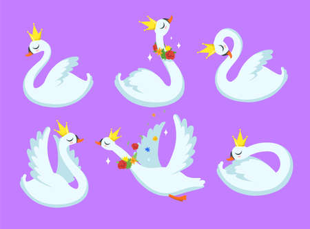 Cute swan or goose princess vector illustrations set. Cartoon white bird wearing golden crown and floral decoration isolated on purple background. Spring, fairytale, wedding, ballet conceptのイラスト素材
