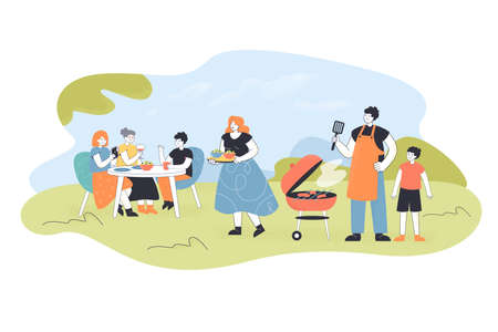 Family having barbecue party in backyard. Cartoon people eating, father grilling food flat vector illustration. Summer activity, barbecue concept for banner, poster, website design or landing web pageのイラスト素材