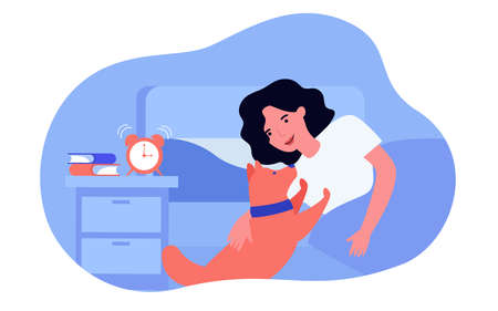 Dog waking owner up in morning. Woman stroking pet, alarm clock buzzing on bedside table flat vector illustration. Pets, domestic animals concept for banner, website design or landing web pageのイラスト素材