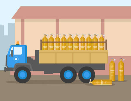 Truck with balloons of carbon dioxide flat vector illustration. Vehicle transporting industrial fuel, cylinders with dangerous gas, gas storage. Industry, fuel conceptのイラスト素材