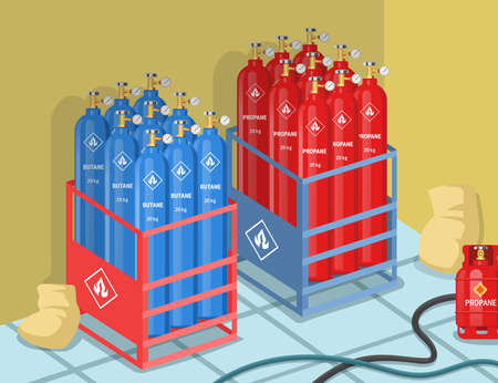 Cylinders with propane and butane on factory vector illustration. Balloons with dangerous gas or fuel, gas storage. Industry, factory conceptのイラスト素材