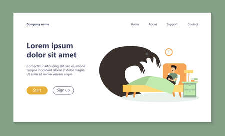 Terrified kid scared of monster shadow. Boy sitting in his bed at night flat vector illustration. Childhood, nightmare, problem concept for banner, website design or landing web pageのイラスト素材