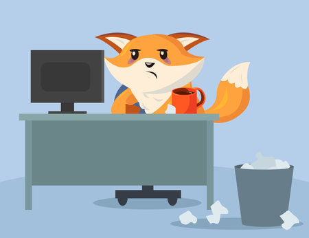 Sad and tired cartoon fox character sitting in office. Flat vector illustration. Exhausted fox working in office with computer and drinking coffee. Animal, office, break, mood, emotion conceptのイラスト素材