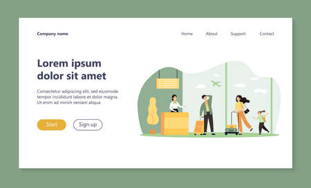 Travelers running for flight registration. Passenger, plane, airport flat vector illustration. Vacation and travel concept for banner, website design or landing web pageのイラスト素材