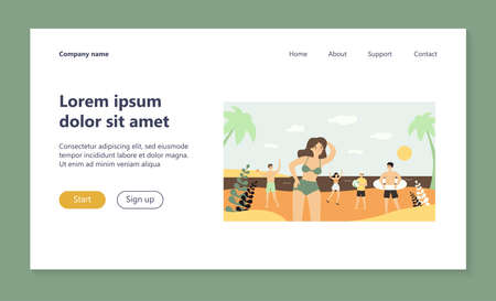 Happy young people enjoying activities on beach. Playing ball, wearing lifebuoy, relaxing by sea flat vector illustration. Summer vacation concept for banner, website design or landing web pageのイラスト素材