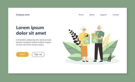 Senior couple shopping with reusable bags. Old people with paper bags with organic food flat vector illustration. Healthy eating, waste recycling concept for banner, website design or landing web pageのイラスト素材