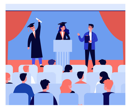 Graduation ceremony flat vector illustration. Cartoon students in academic dress, cap and gown, graduating from university, receiving education document. Graduation, education, ceremony conceptのイラスト素材