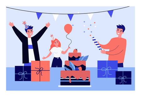 Young people having fun at birthday party. Flat vector illustration. Group of friends celebrating together with balloons, cake, lots of presents and gifts. Holiday, birthday, friendship, party conceptのイラスト素材