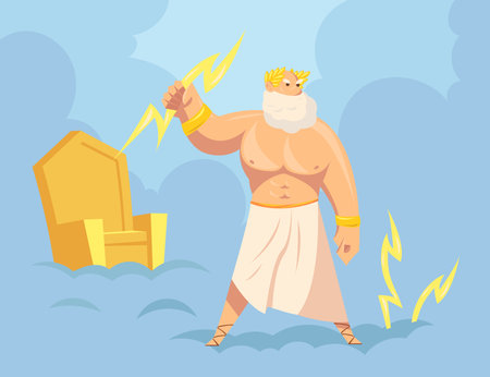 Greek god Zeus throwing lightnings from heaven. Cartoon vector illustration. Major Ancient God of sky, thunder and lightning with golden throne in background. Mythology, Greece, polytheism conceptのイラスト素材