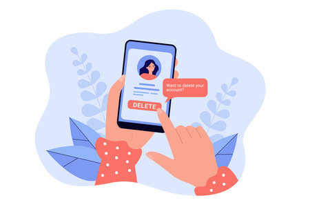 Girl deleting her social network account and information from website. Female hands holding smartphone, online problem vector illustration. Modern technology, social media, Internet addiction conceptのイラスト素材