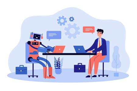 Robot and business man working at computers together vector illustration. Digital technology of future, automation, efficiency of artificial intelligence, workforce concept for banner, landing pageのイラスト素材