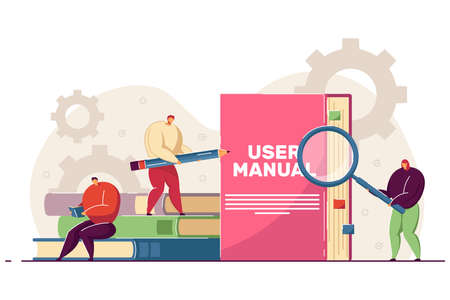 Tiny people reading user manual. Woman and man with magnifier and pencil using guidebook or instructions flat vector illustration. Guide, manual concept for banner, website design or landing web pageのイラスト素材