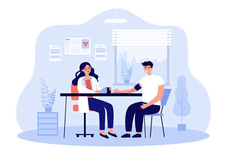 Female doctor measuring blood pressure of patient at clinic. Ill or sick person sitting at physicians office, getting consultation. Cartoon vector illustration. Cardiology, hospital or medical conceptのイラスト素材