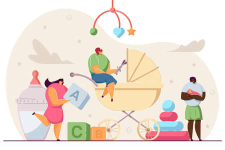 Tiny babysitters or mothers looking after babies. Cartoon female characters with toys, newborn kids flat vector illustration. Babysitting, family concept for banner, website design or landing web pageのイラスト素材