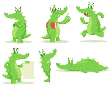 Cartoon crocodile character vector illustrations set. Collection of drawings of cute alligator standing, running, teaching, sleeping isolated on white background. Animals, mascot conceptのイラスト素材