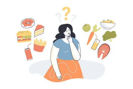 Woman thinking about food. Female person choosing between healthy and junk food, good or bad choice flat vector illustration. Health, food, diet concept for banner, website design or landing web pageのイラスト素材