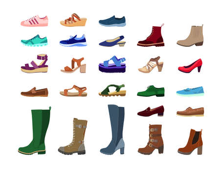 Creative female footwear flat pictures set for web design. Cartoon stylish seasonal summer sandals and autumn boots, running sneakers isolated vector illustrations. Fashion and shoes conceptのイラスト素材