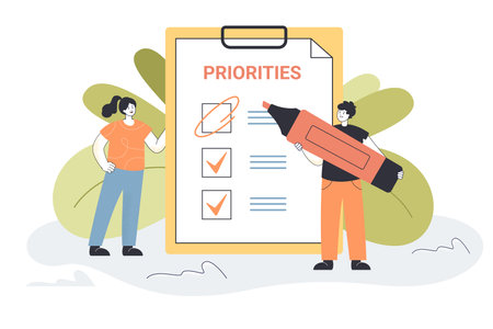 Tiny people prioritizing important tasks together. Workers choosing agenda, making list flat vector illustration. Progress, teamwork, priority concept for banner, website design or landing web pageのイラスト素材